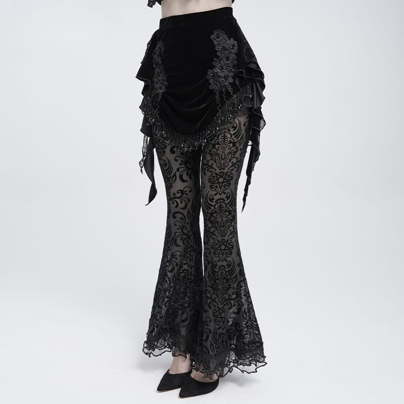 EVA LADY Women's Gothic Floral Beaded Fringe Velvet Skirt with Streamer