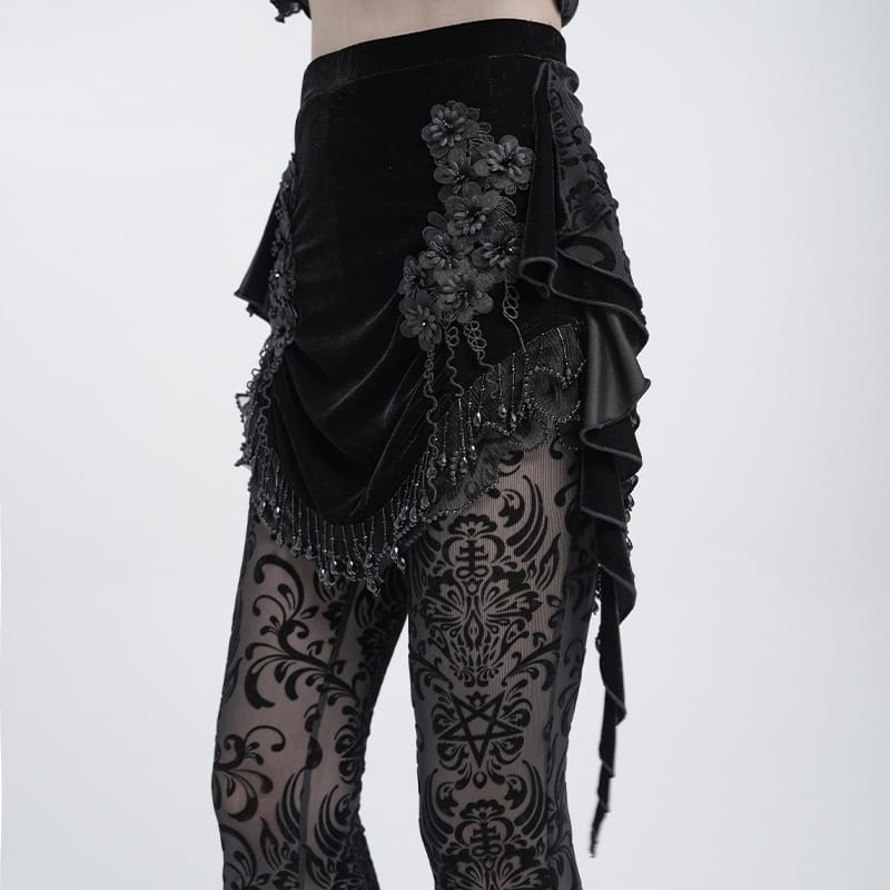 EVA LADY Women's Gothic Floral Beaded Fringe Velvet Skirt with Streamer