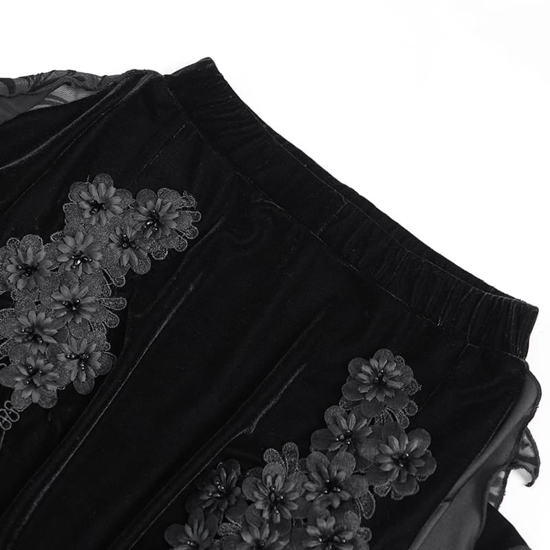 EVA LADY Women's Gothic Floral Beaded Fringe Velvet Skirt with Streamer