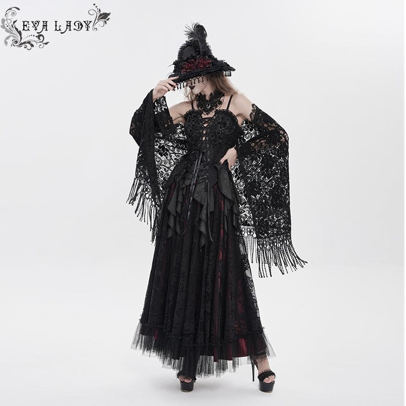 EVA LADY Women's Gothic Floral Beaded Ruffled Streamer Overbust Corset