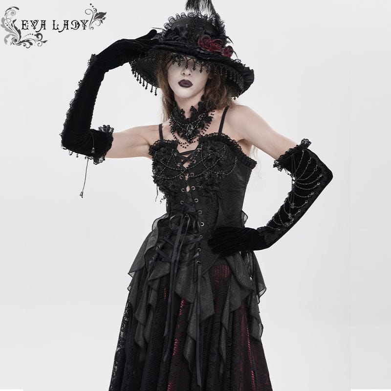 EVA LADY Women's Gothic Floral Beaded Ruffled Streamer Overbust Corset