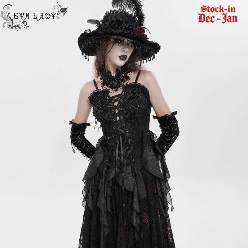 EVA LADY Women's Gothic Floral Beaded Ruffled Streamer Overbust Corset