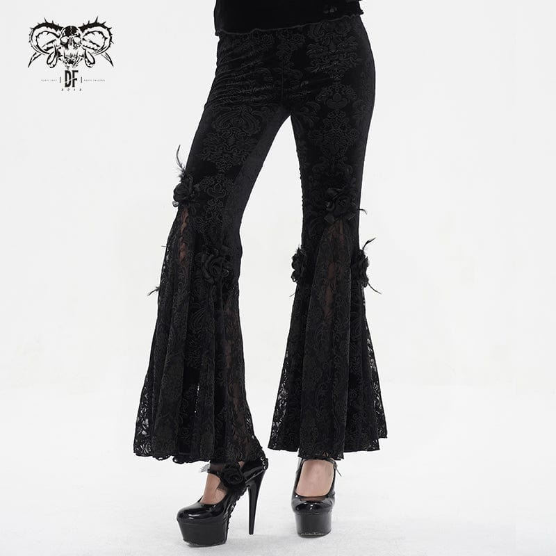 EVA LADY Women's Gothic Floral Embossed Lace Splice Flared Leggings