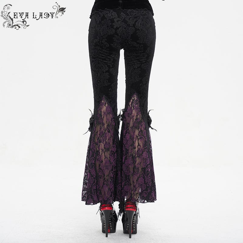 EVA LADY Women's Gothic Floral Embossed Lace Splice Flared Leggings