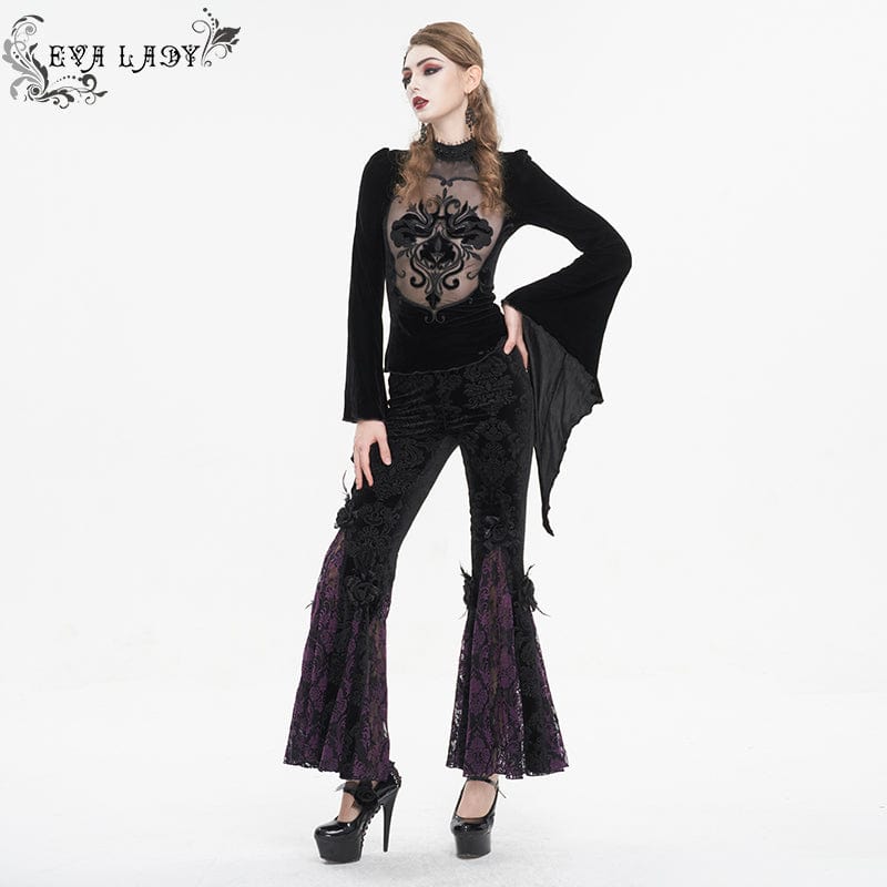 EVA LADY Women's Gothic Floral Embossed Lace Splice Flared Leggings