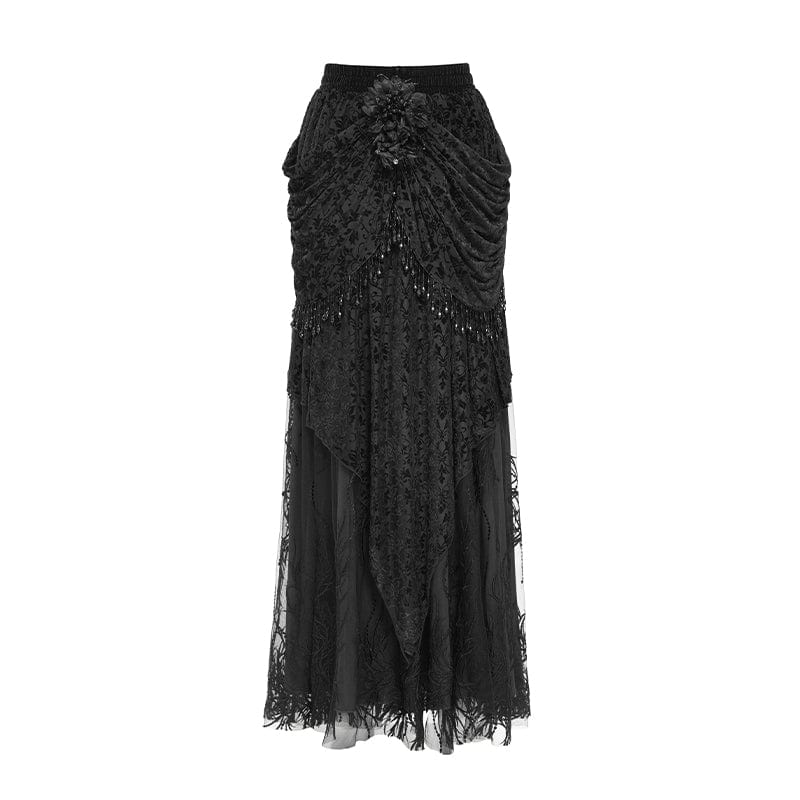 EVA LADY Women's Gothic Floral Embroidered Beaded Long Skirt Black