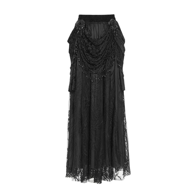 EVA LADY Women's Gothic Floral Embroidered Beaded Long Skirt Black