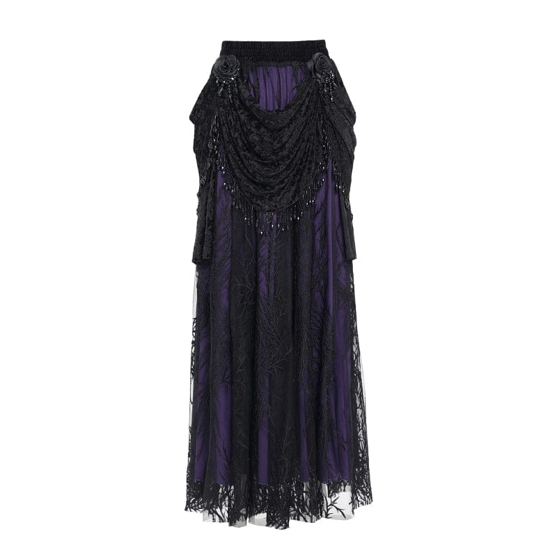 EVA LADY Women's Gothic Floral Embroidered Beaded Long Skirt Purple