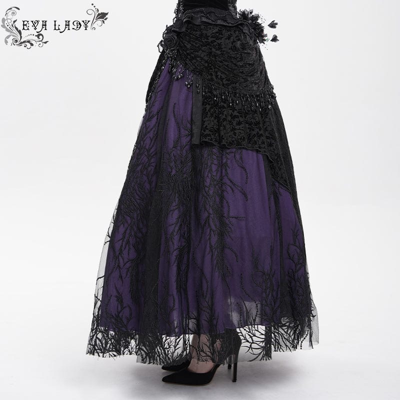 EVA LADY Women's Gothic Floral Embroidered Beaded Long Skirt Purple
