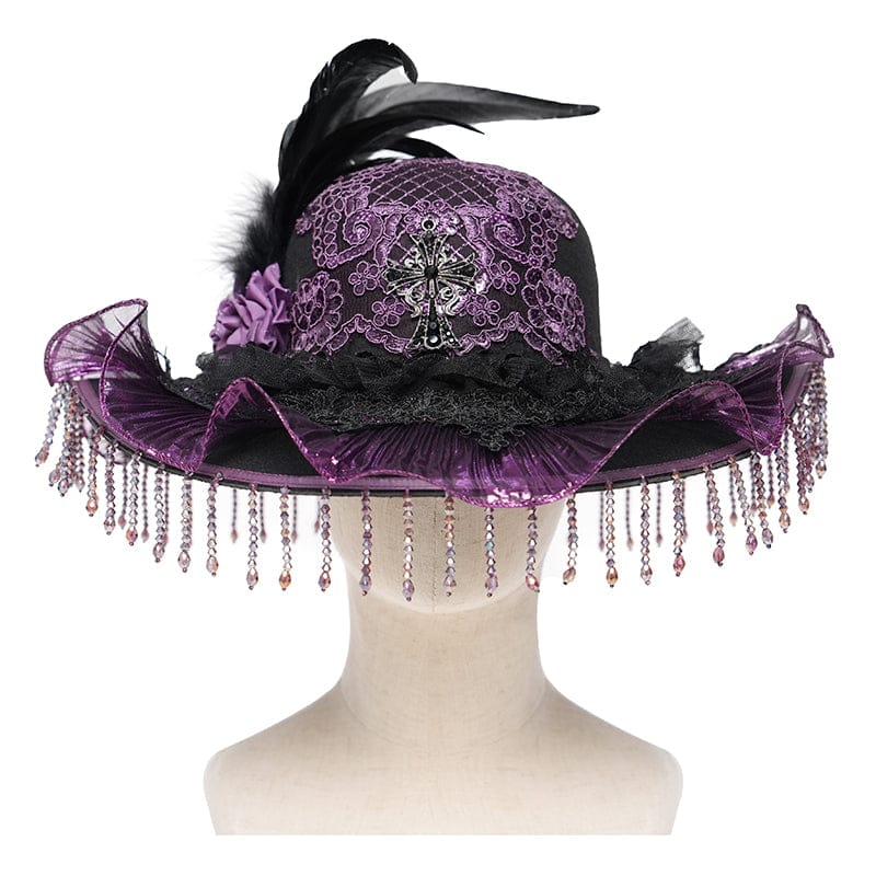EVA LADY Women's Gothic Floral Embroidered Feather Tassels Hat