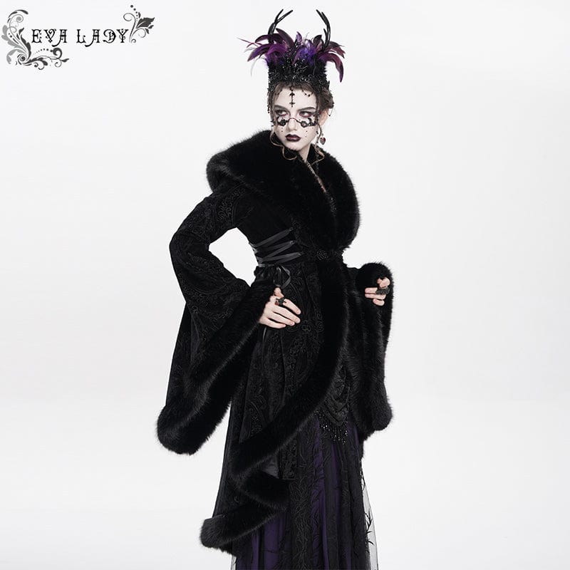 EVA LADY Women's Gothic Floral Embroidered Fluffy Coat Black