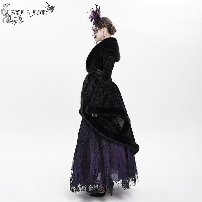 EVA LADY Women's Gothic Floral Embroidered Fluffy Coat Black