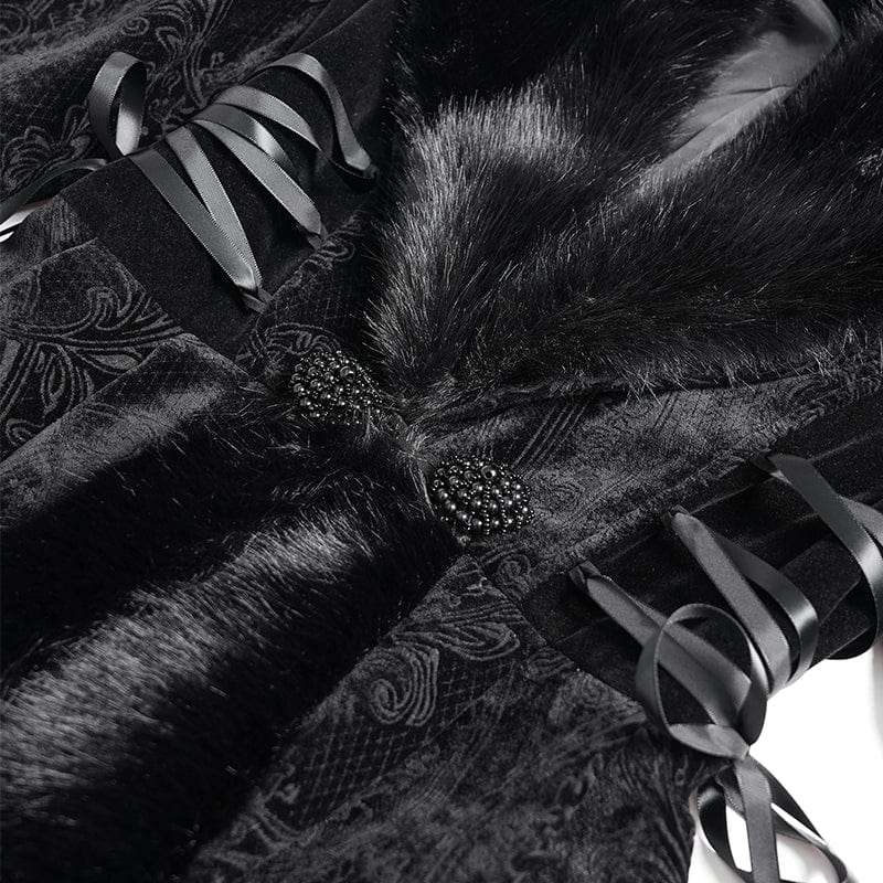 EVA LADY Women's Gothic Floral Embroidered Fluffy Coat Black