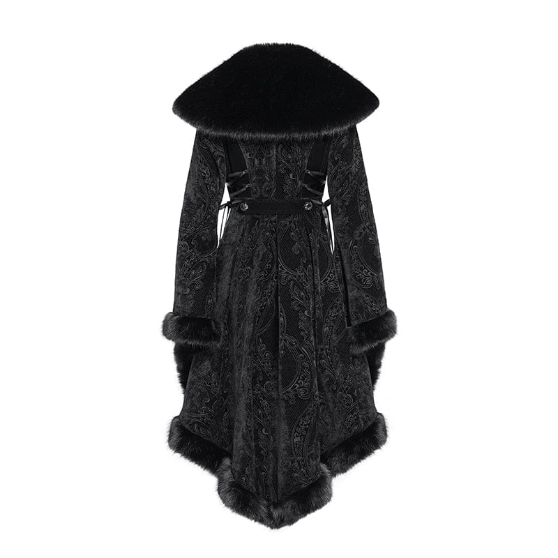 EVA LADY Women's Gothic Floral Embroidered Fluffy Coat Black