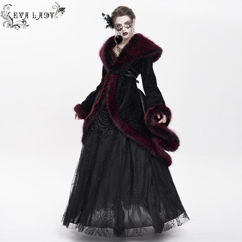 EVA LADY Women's Gothic Floral Embroidered Fluffy Coat Red