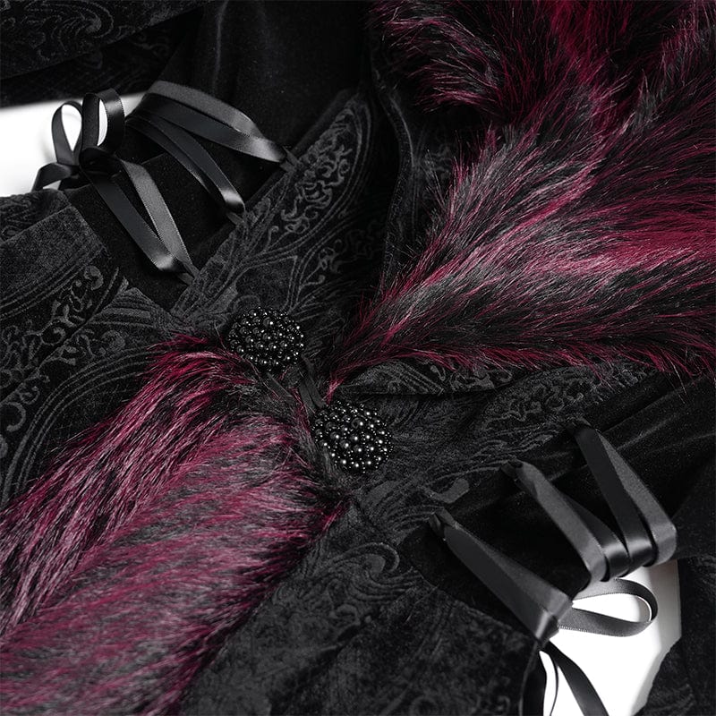 EVA LADY Women's Gothic Floral Embroidered Fluffy Coat Red