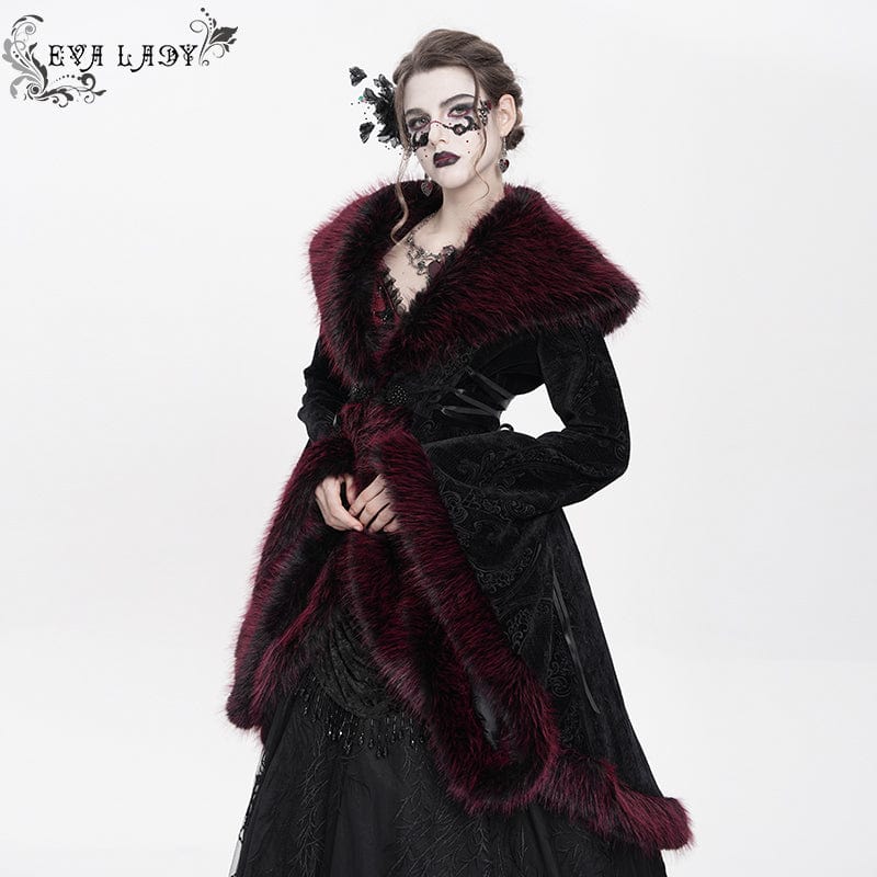 EVA LADY Women's Gothic Floral Embroidered Fluffy Coat Red