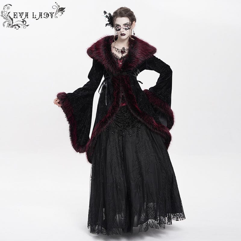 EVA LADY Women's Gothic Floral Embroidered Fluffy Coat Red
