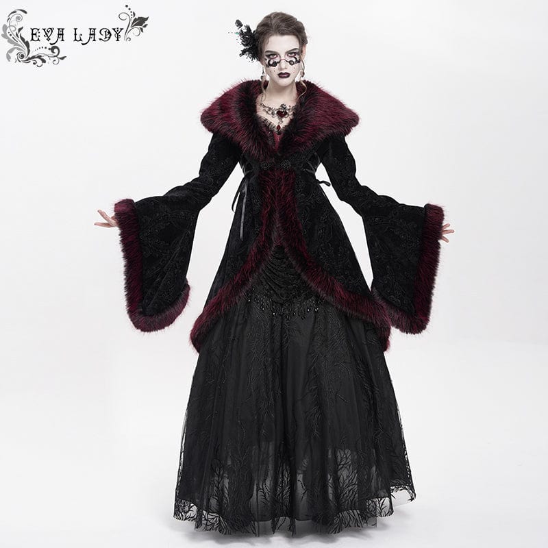 EVA LADY Women's Gothic Floral Embroidered Fluffy Coat Red