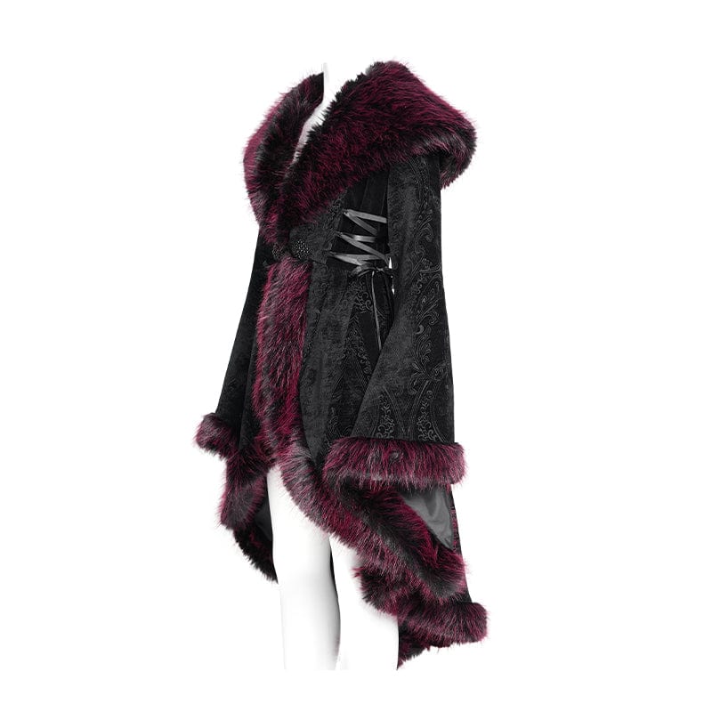 EVA LADY Women's Gothic Floral Embroidered Fluffy Coat Red