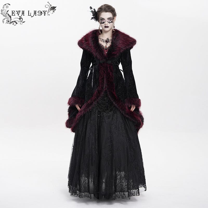 EVA LADY Women's Gothic Floral Embroidered Fluffy Coat Red