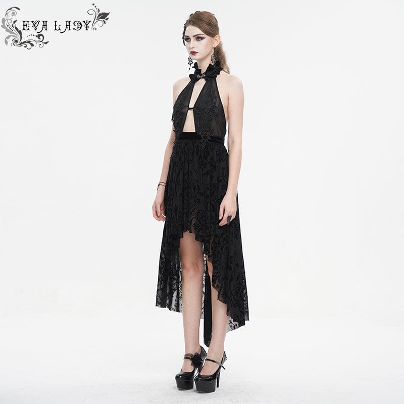 EVA LADY Women's Gothic Floral Embroidered Halterneck Mesh Dress