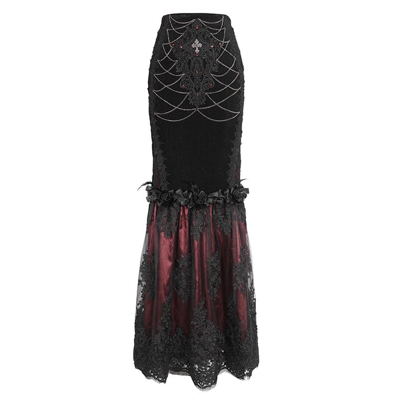 EVA LADY Women's Gothic Floral Embroidered Lace Splice Red Fishtail Skirt
