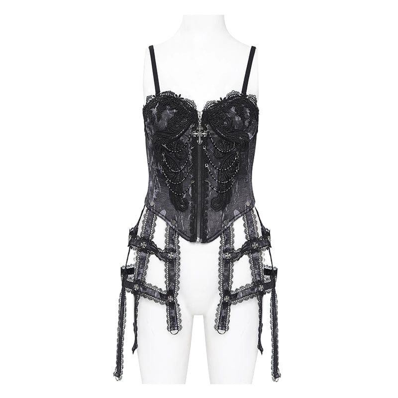 EVA LADY Women's Gothic Floral Embroidered Lace Straps Tank Top Black