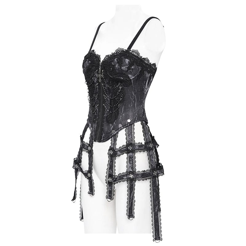 EVA LADY Women's Gothic Floral Embroidered Lace Straps Tank Top Black