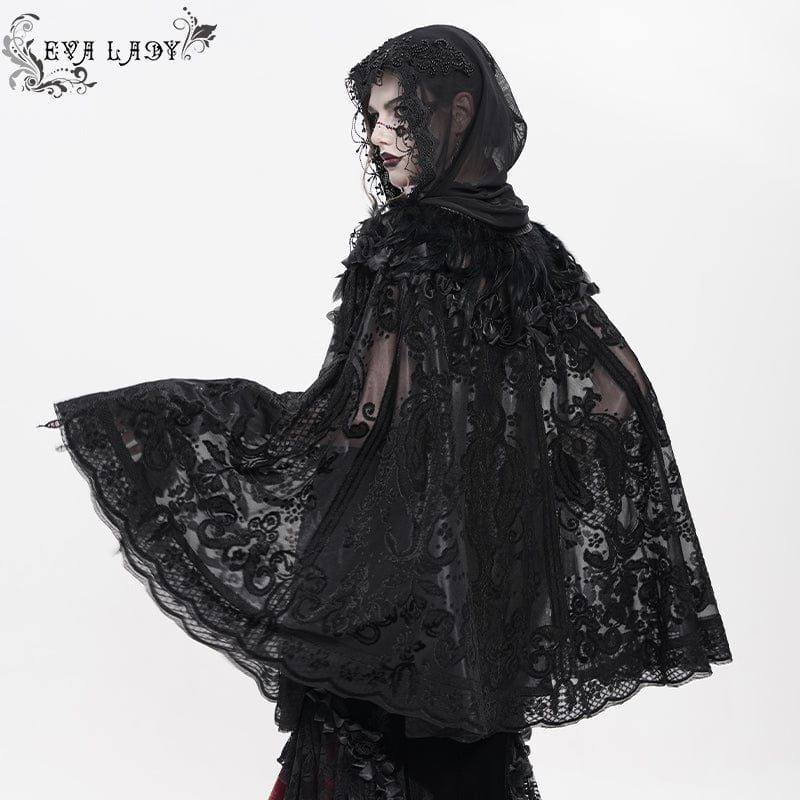 EVA LADY Women's Gothic Floral Embroidered Plumed Cloak