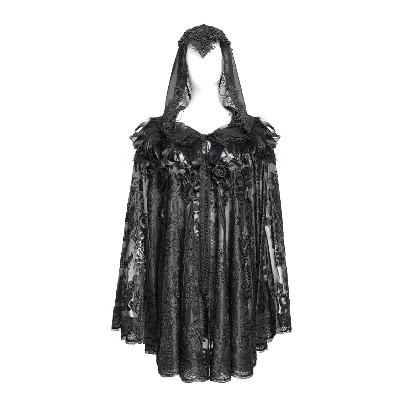 EVA LADY Women's Gothic Floral Embroidered Plumed Cloak