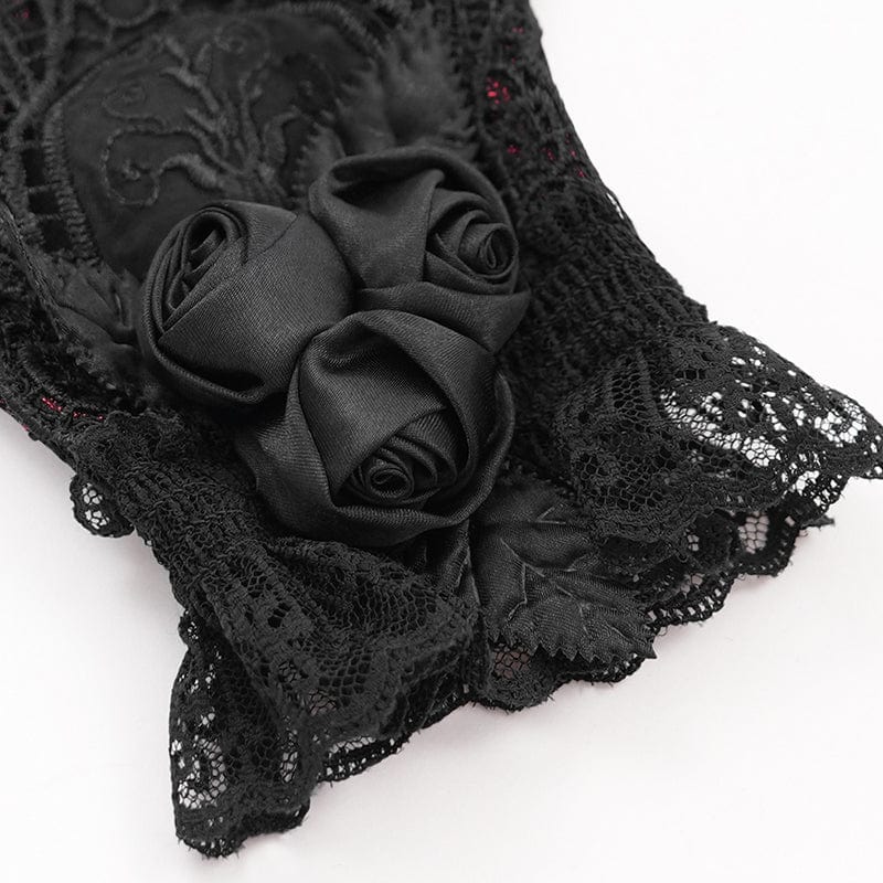 EVA LADY Women's Gothic Floral Embroidered Rose Lace Gloves Red
