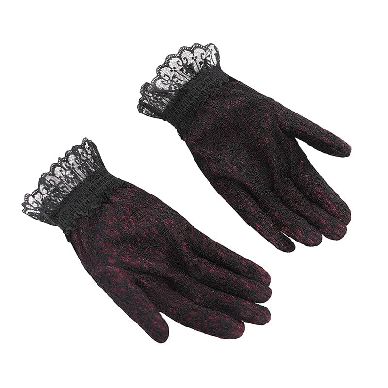 EVA LADY Women's Gothic Floral Embroidered Rose Lace Gloves Red