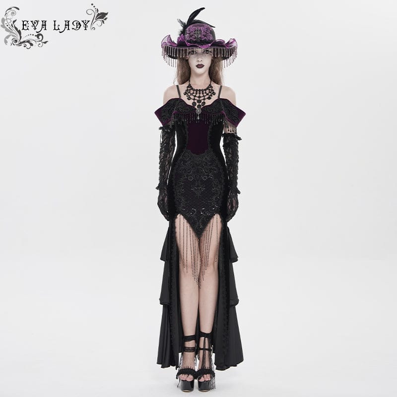 EVA LADY Women's Gothic Floral Embroidered Tassels Off-shoulder Slip Dress Black-Purple