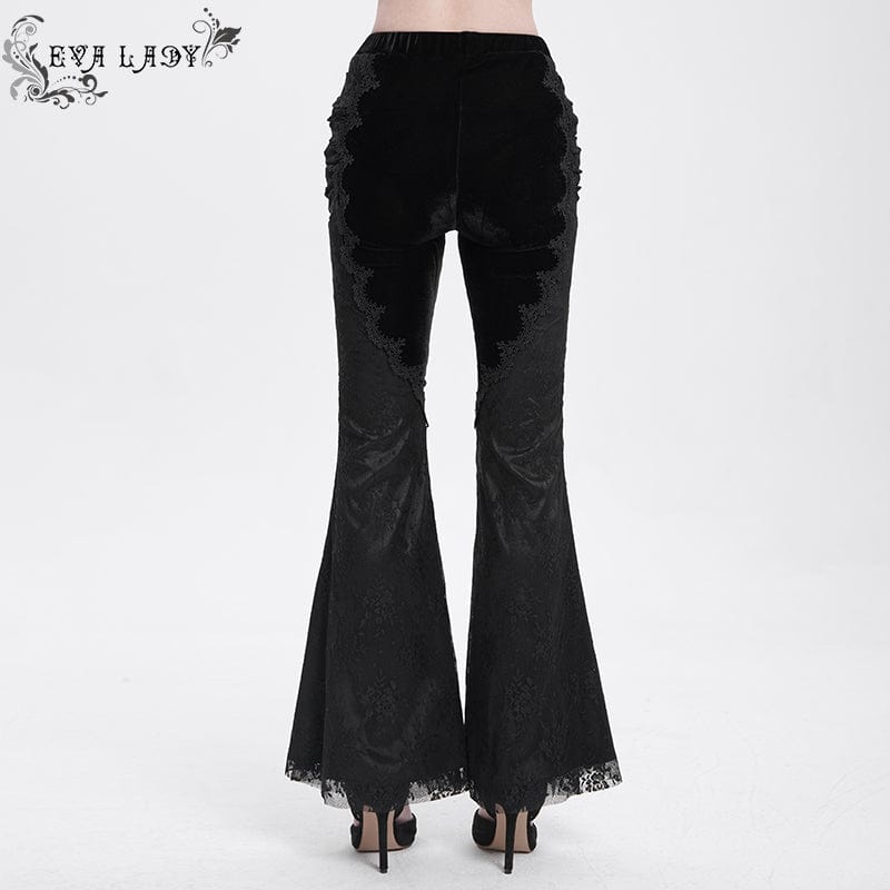 EVA LADY Women's Gothic Floral Embroidered Velvet Splice Lace Flared Leggings Black