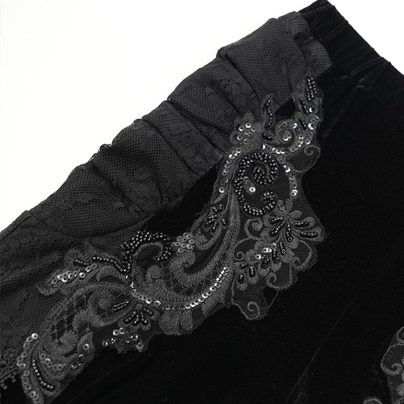 EVA LADY Women's Gothic Floral Embroidered Velvet Splice Lace Flared Leggings Black