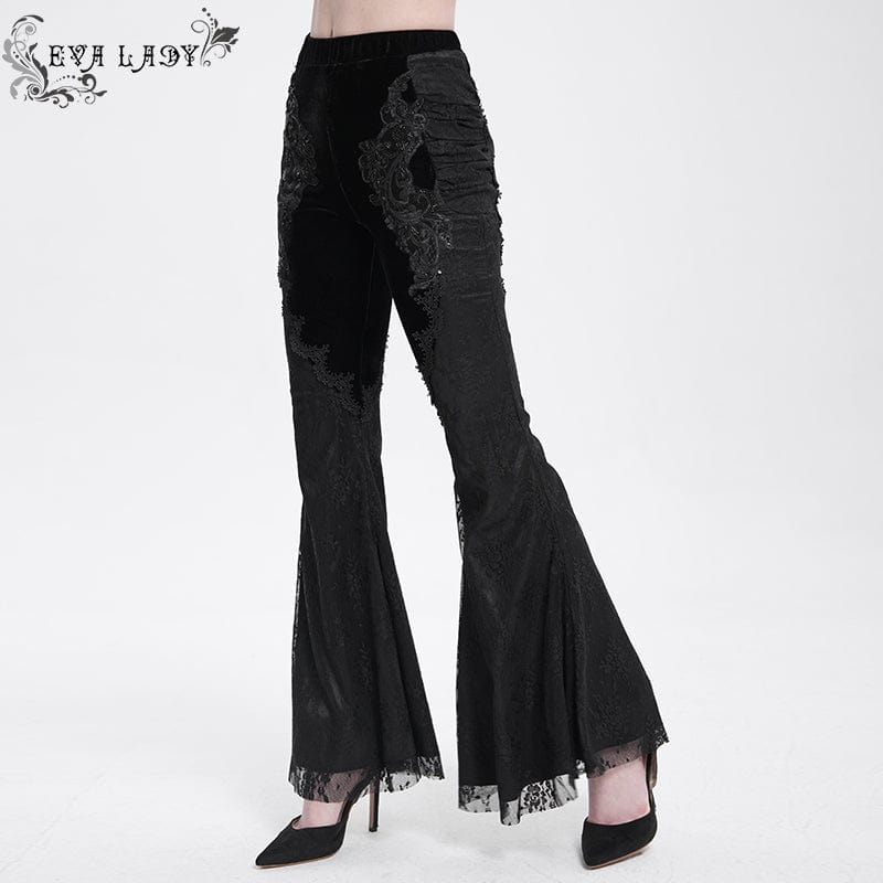 EVA LADY Women's Gothic Floral Embroidered Velvet Splice Lace Flared Leggings Black