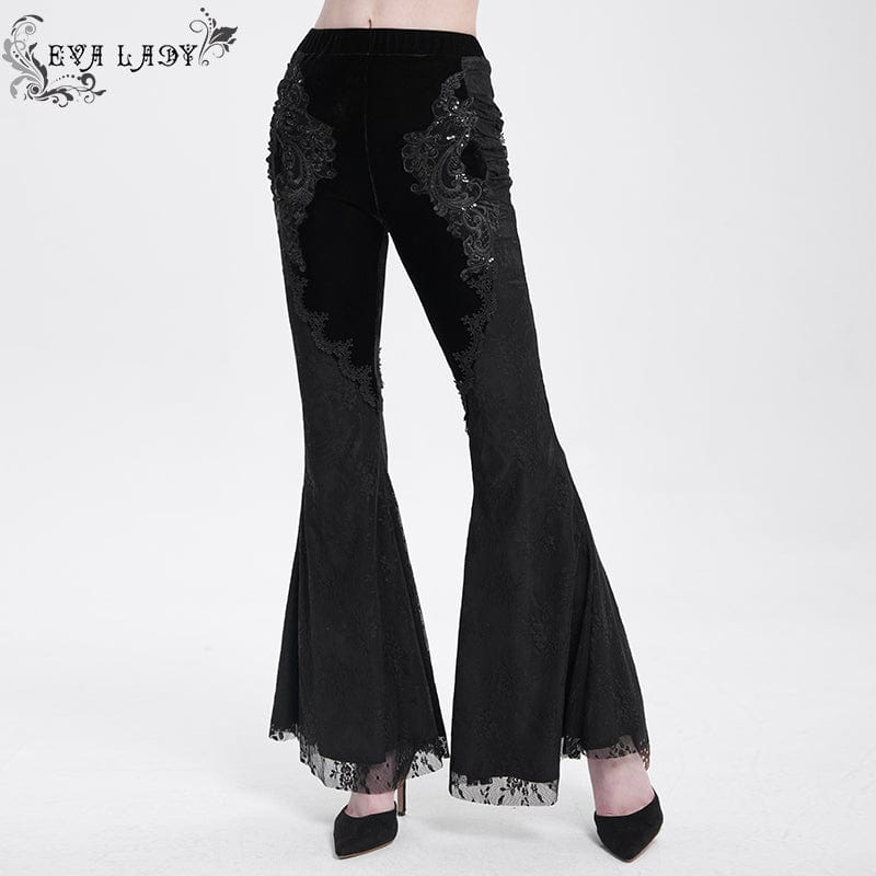 EVA LADY Women's Gothic Floral Embroidered Velvet Splice Lace Flared Leggings Black
