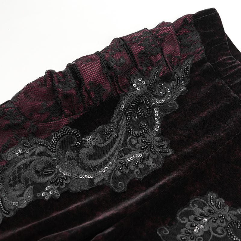 EVA LADY Women's Gothic Floral Embroidered Velvet Splice Lace Flared Leggings Red