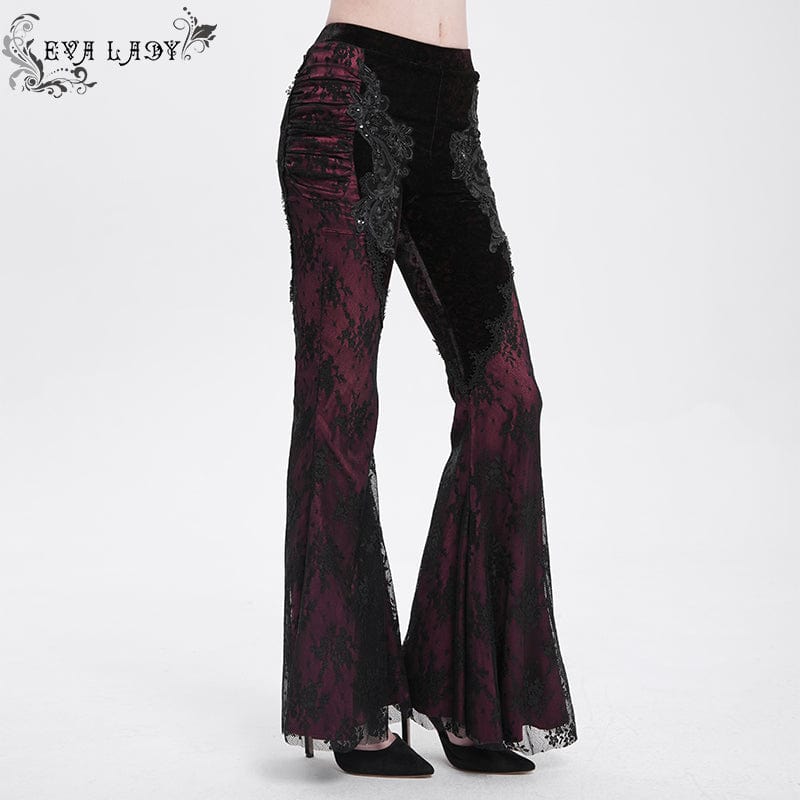 EVA LADY Women's Gothic Floral Embroidered Velvet Splice Lace Flared Leggings Red