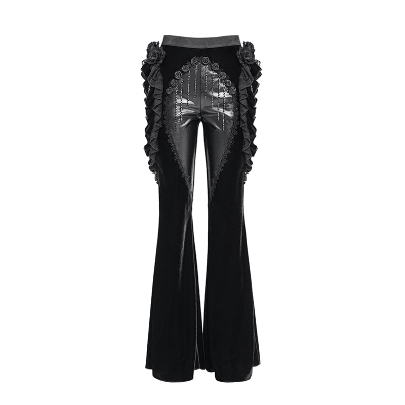 EVA LADY Women's Gothic Floral Faux Leather&Velvet Ruffle Pants Black