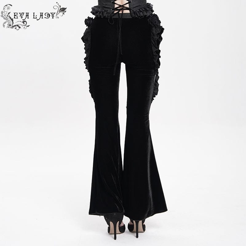 EVA LADY Women's Gothic Floral Faux Leather&Velvet Ruffle Pants Black