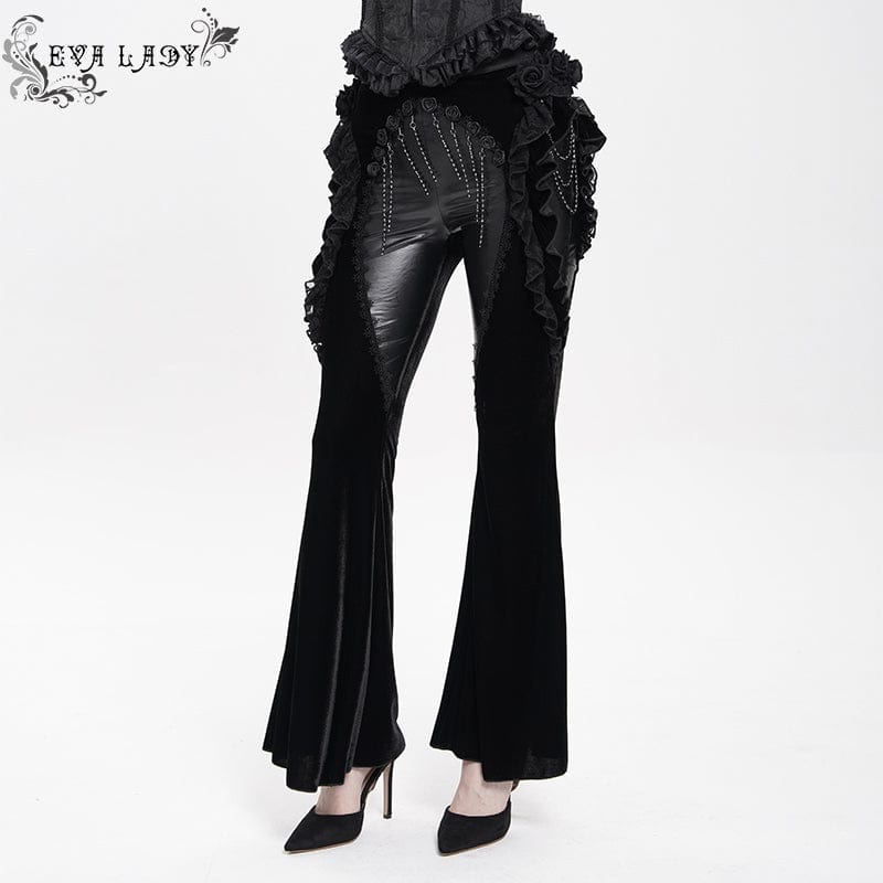 EVA LADY Women's Gothic Floral Faux Leather&Velvet Ruffle Pants Black