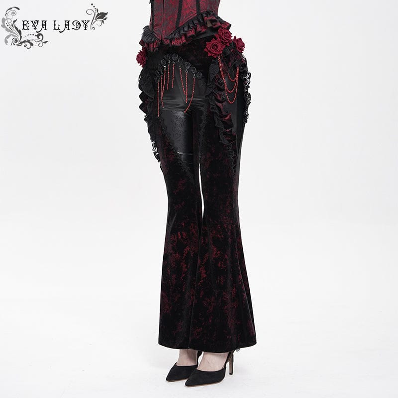EVA LADY Women's Gothic Floral Faux Leather&Velvet Ruffle Pants Red