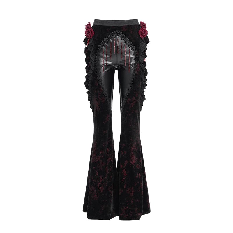 EVA LADY Women's Gothic Floral Faux Leather&Velvet Ruffle Pants Red