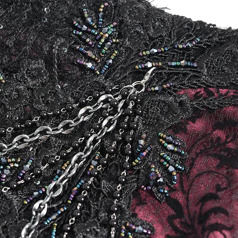 EVA LADY Women's Gothic Floral Lace Beaded Chained Long Skirt Black-Red