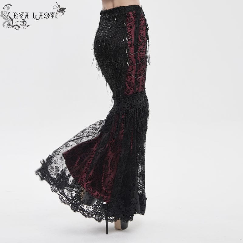 EVA LADY Women's Gothic Floral Lace Beaded Chained Long Skirt Black-Red
