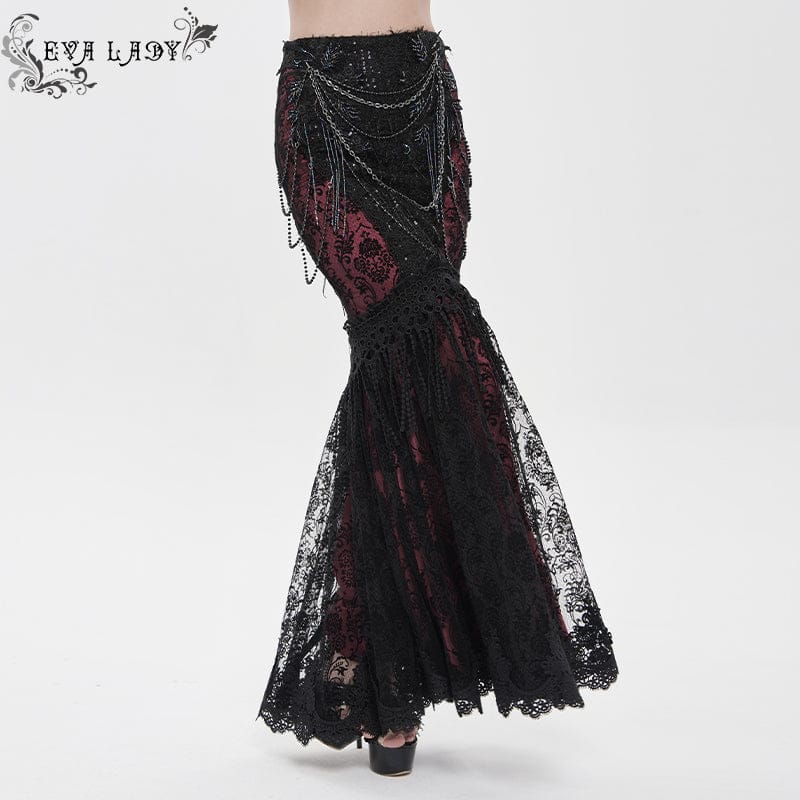 EVA LADY Women's Gothic Floral Lace Beaded Chained Long Skirt Black-Red