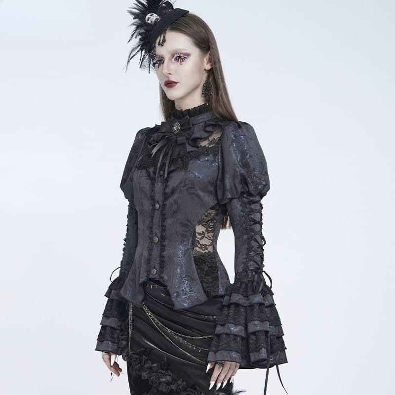EVA LADY Women's Gothic Floral Lace Patchwork Lace-up Puff Flare Sleeve Blouse