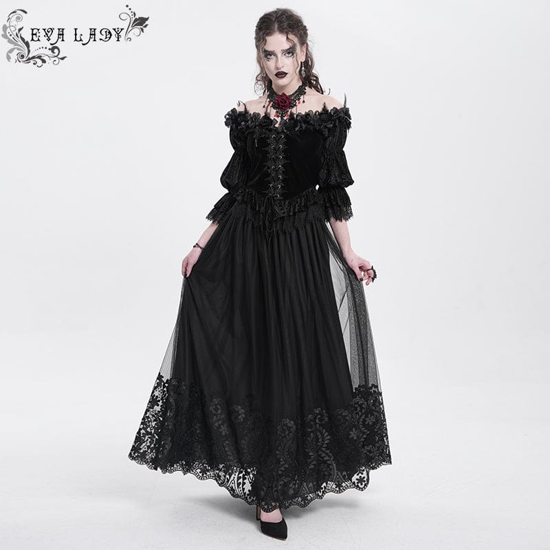 EVA LADY Women's Gothic Floral Mesh Splice Skirt Black